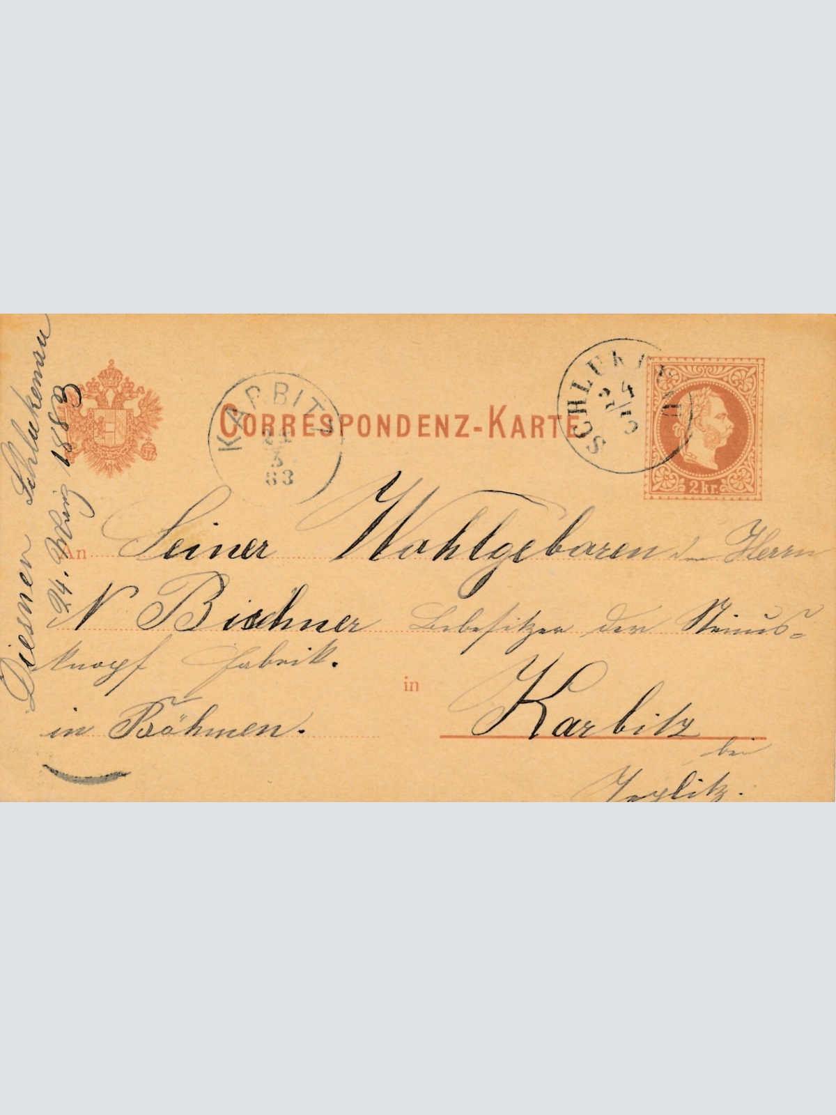 2 Kreuzer - Ganzsachen - Karte 1883 aus Schluckenau (13600)