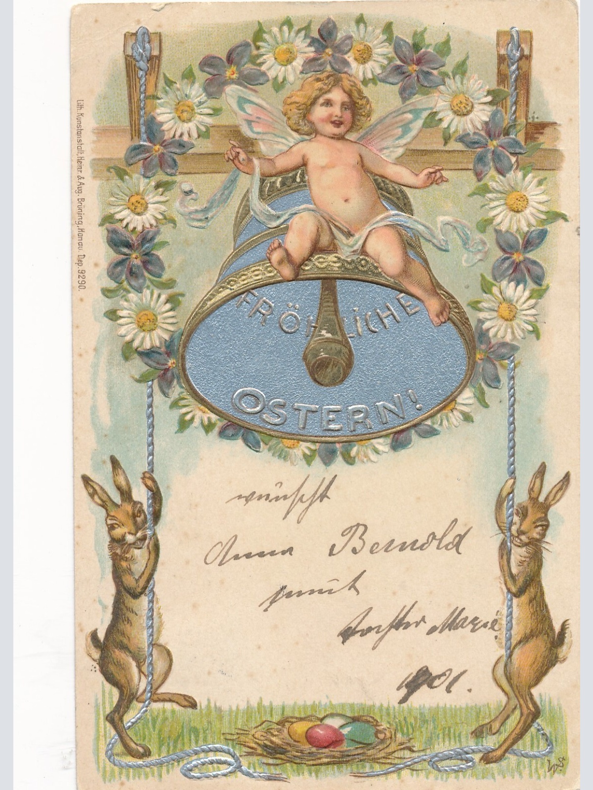 Präge - Motiv - Karte Frohe Ostern zwei Hasen mit Engel Ansichtskarte (13257)