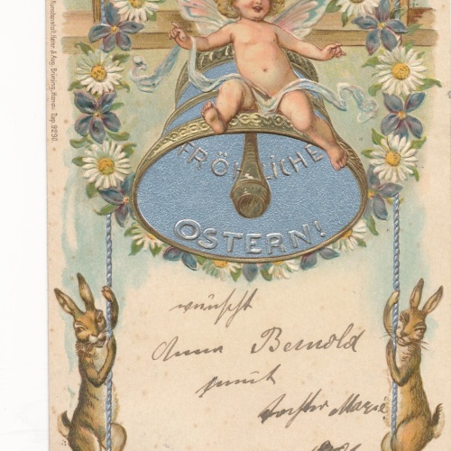 Präge - Motiv - Karte Frohe Ostern zwei Hasen mit Engel Ansichtskarte (13257)