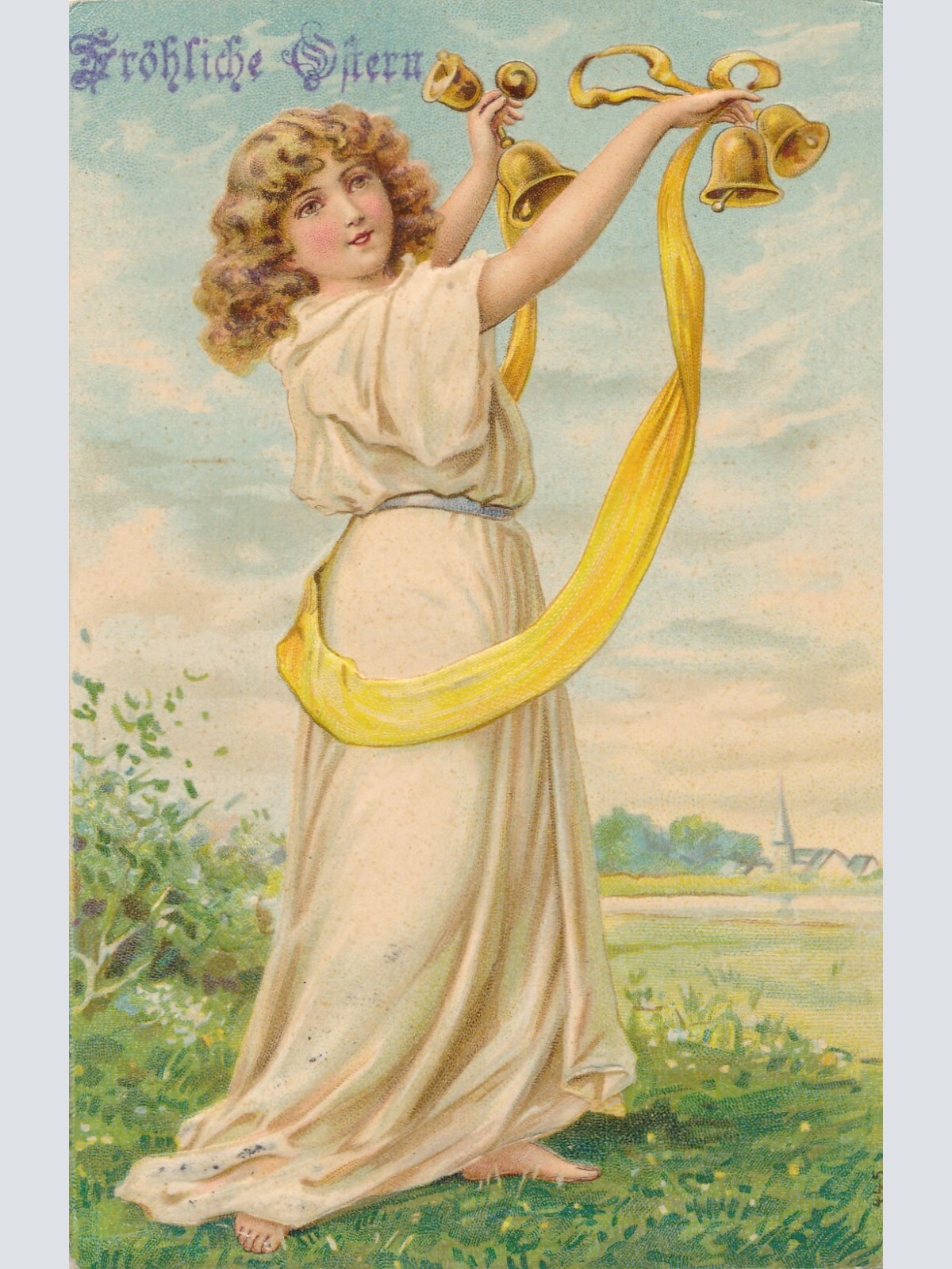 Präge-Karte, fröhliche Ostern, Kind mit Glocken, Ansichtskarte (S3683)