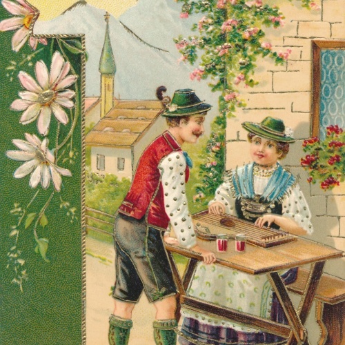 Präge-Karte, Grüß Gott, Mann und Frau in Tracht, Ansichtskarte (S3686)