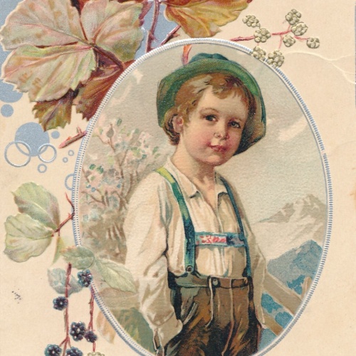 Präge-Karte, Kind in Tracht, Blumen, Ansichtskarte (S3689)