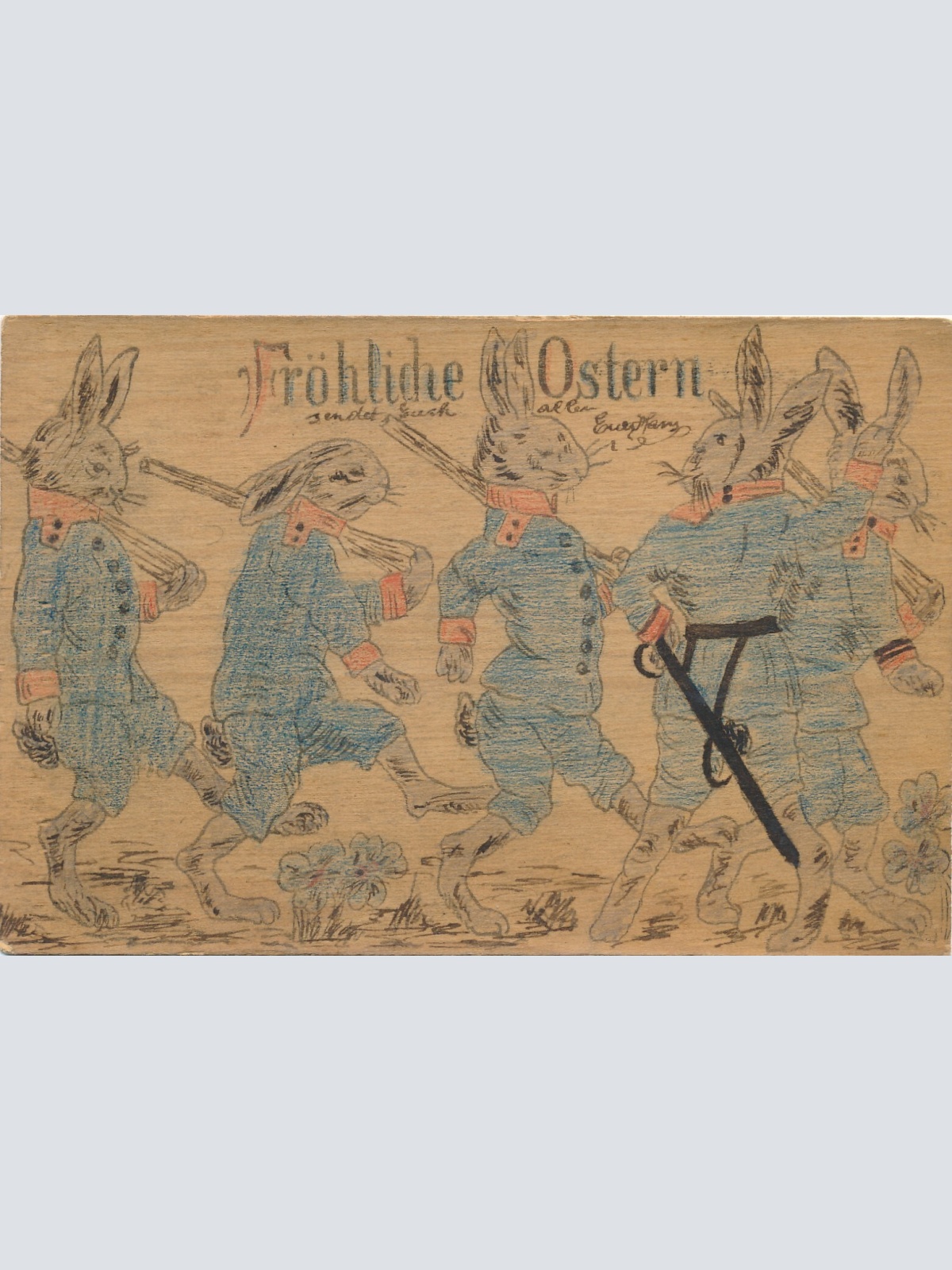 Hangezeichnete AK Fröhliche Ostern mit vier Hasen Ansichtskarte (11837)