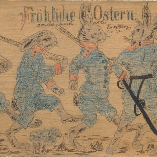 Hangezeichnete AK Fröhliche Ostern mit vier Hasen Ansichtskarte (11837)