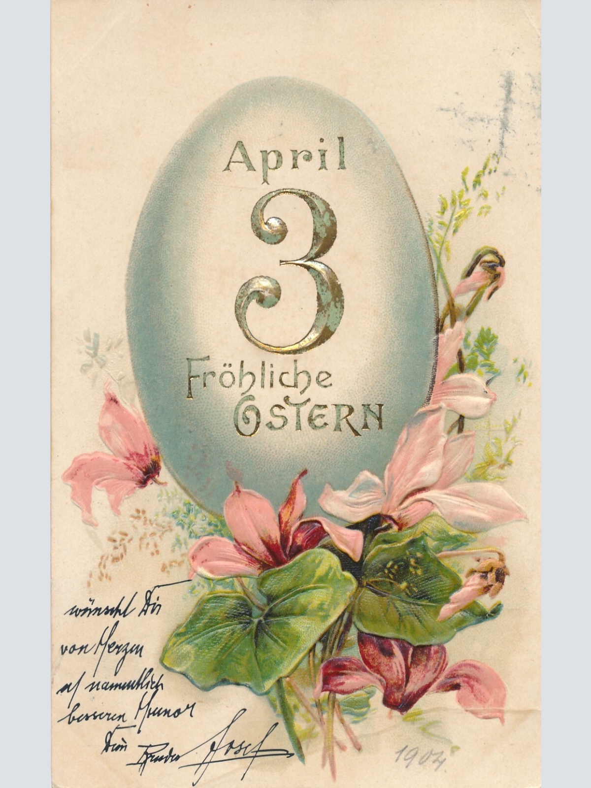 Präge - Motiv - Karte Frohe Ostern 3. April mit EI Ansichtskarte (13697)