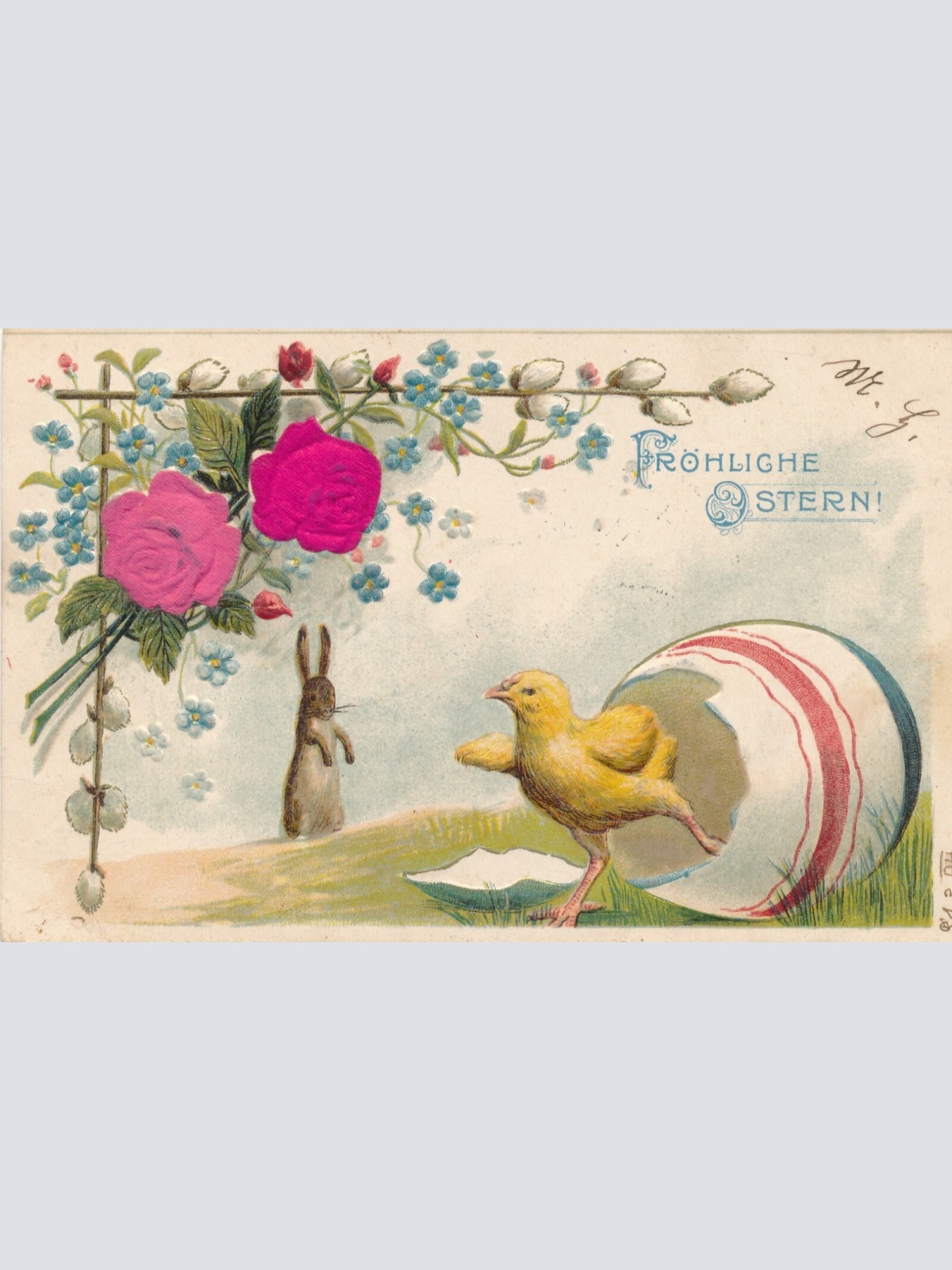 Stoff  Präge  Motiv - Karte Fröhliche Ostern Kücken aus Ei Ansichtskarte (13695)