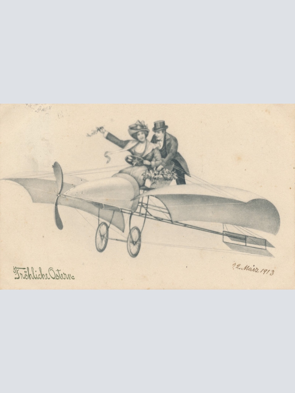 Motiv - Karte Fröhliche Ostern Mann und Frau am Flieger Ansichtskarte (13694)