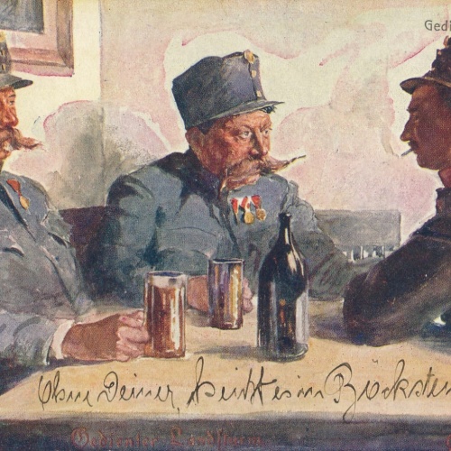 AK Gedienter Landsturm mit drei Soldaten beim Bier Ansichtskarte (13896)