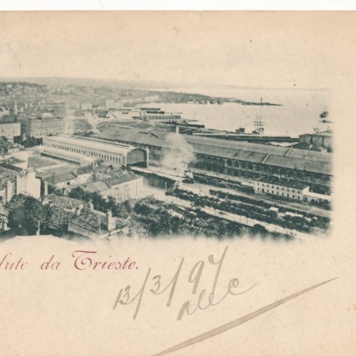 AK un salute da Trieste Italien mit Bahnhof Ansichtskarte (13981)