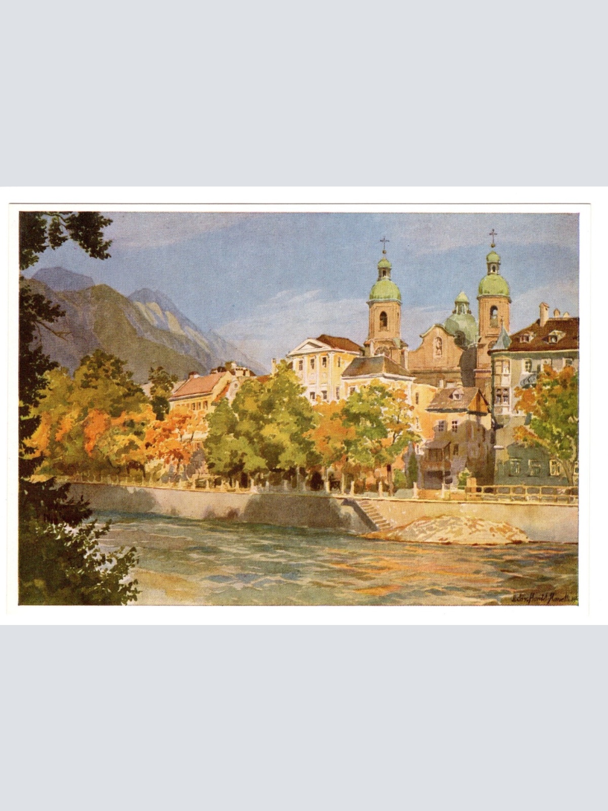 Künstler-AK, Handel-Mazzetti, Innsbruck, Nr. 7 Partie am Inn mit Pfarrki (S5029)