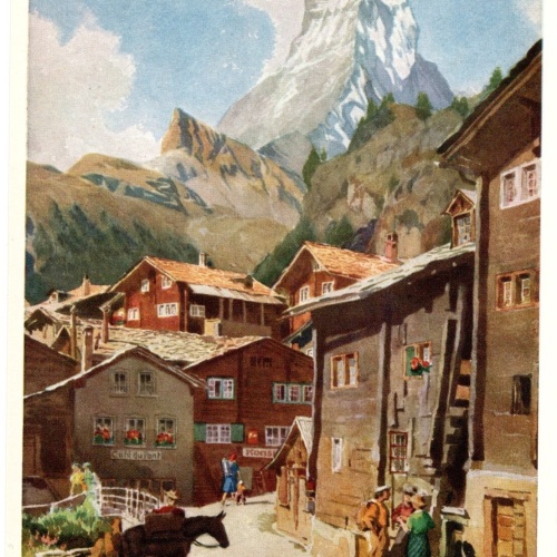 Künstler-AK, Handel-Mazzetti, Zermatt, Nr. 8 Dorfplatz mit Matterhorn (S5033)