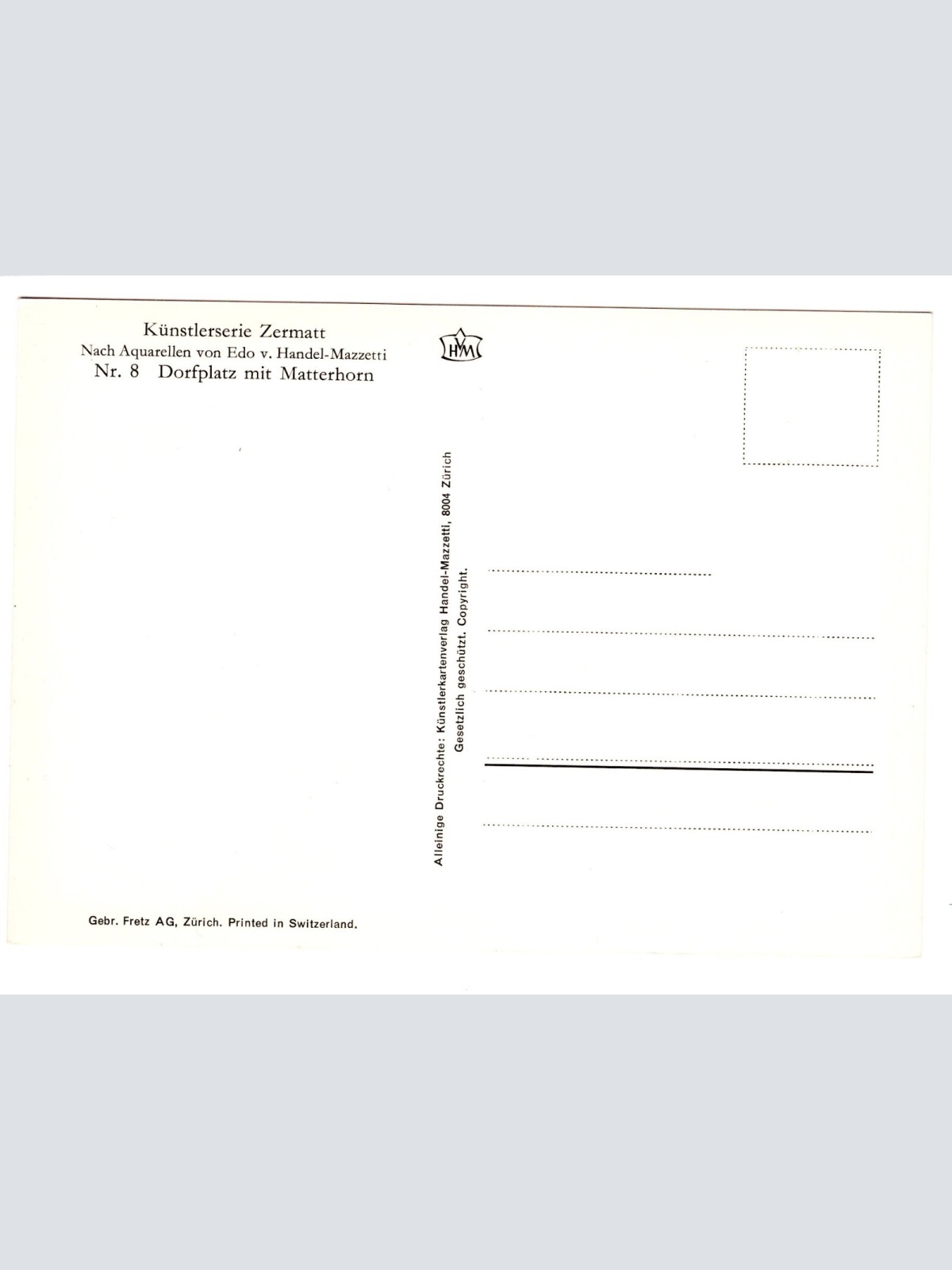 Künstler-AK, Handel-Mazzetti, Zermatt, Nr. 8 Dorfplatz mit Matterhorn (S5033)