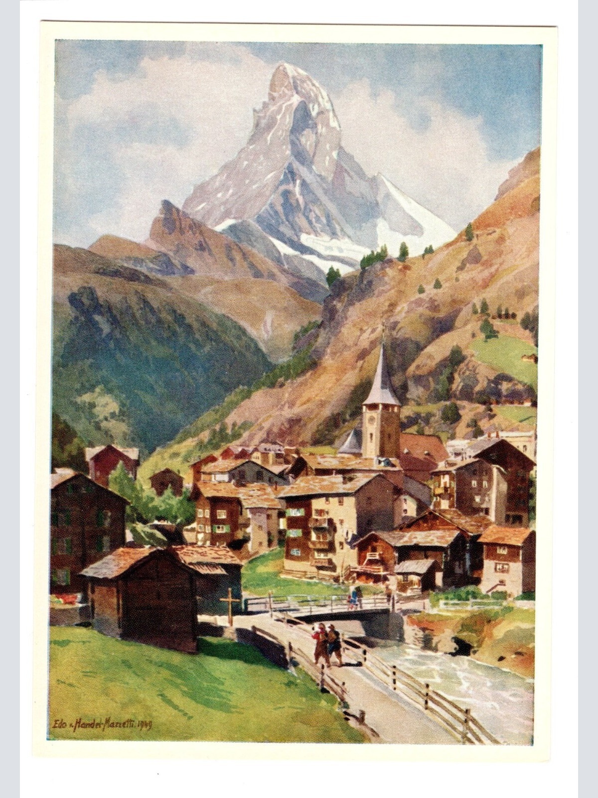 Künstler-AK, Handel-Mazzetti, Zermatt, Nr. 7 Dorf mit Matterhorn (S5039)