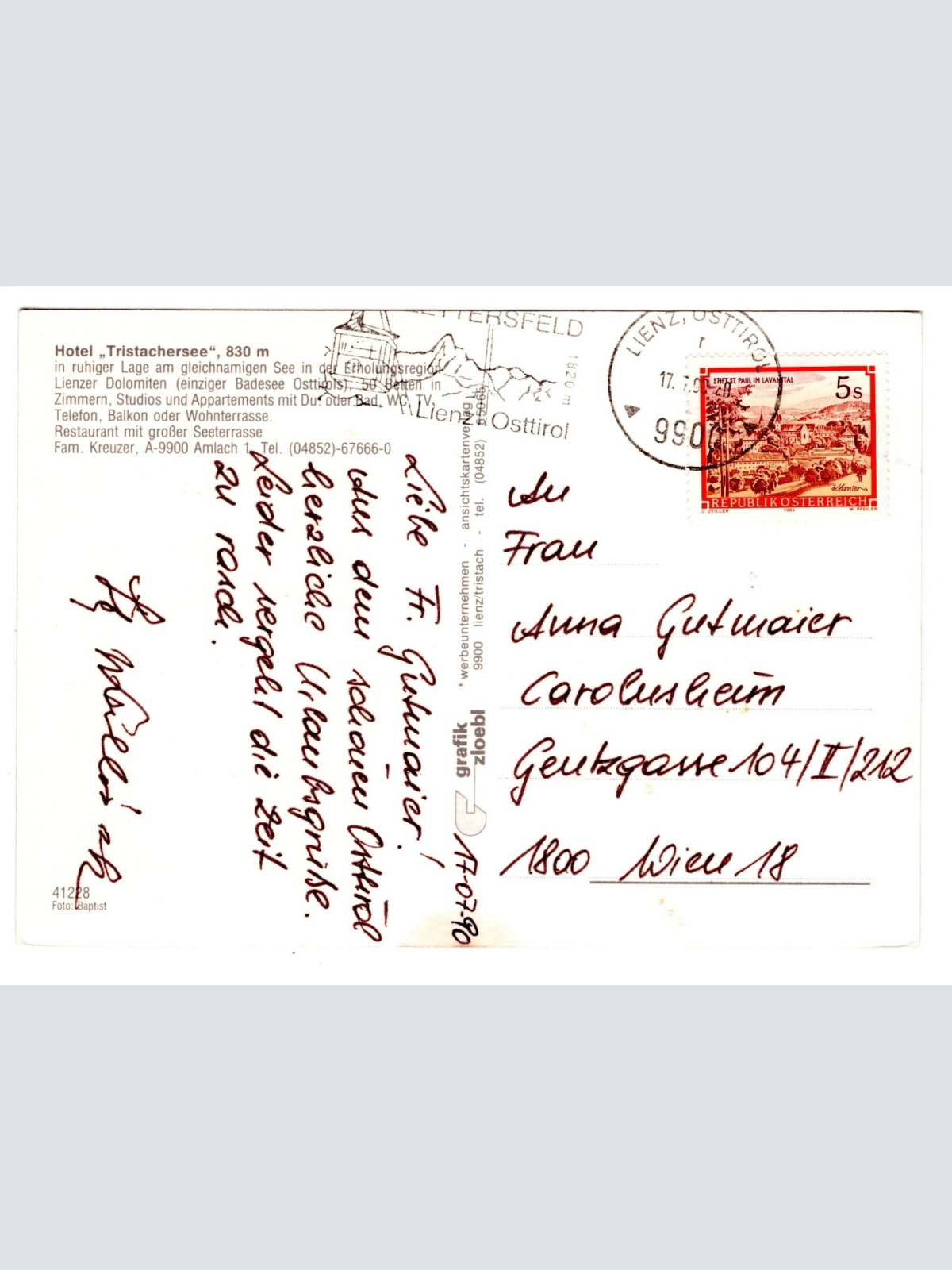 AK, Hotel Tristachersee, Amlach, Tirol, Ansichtskarte (S5760)