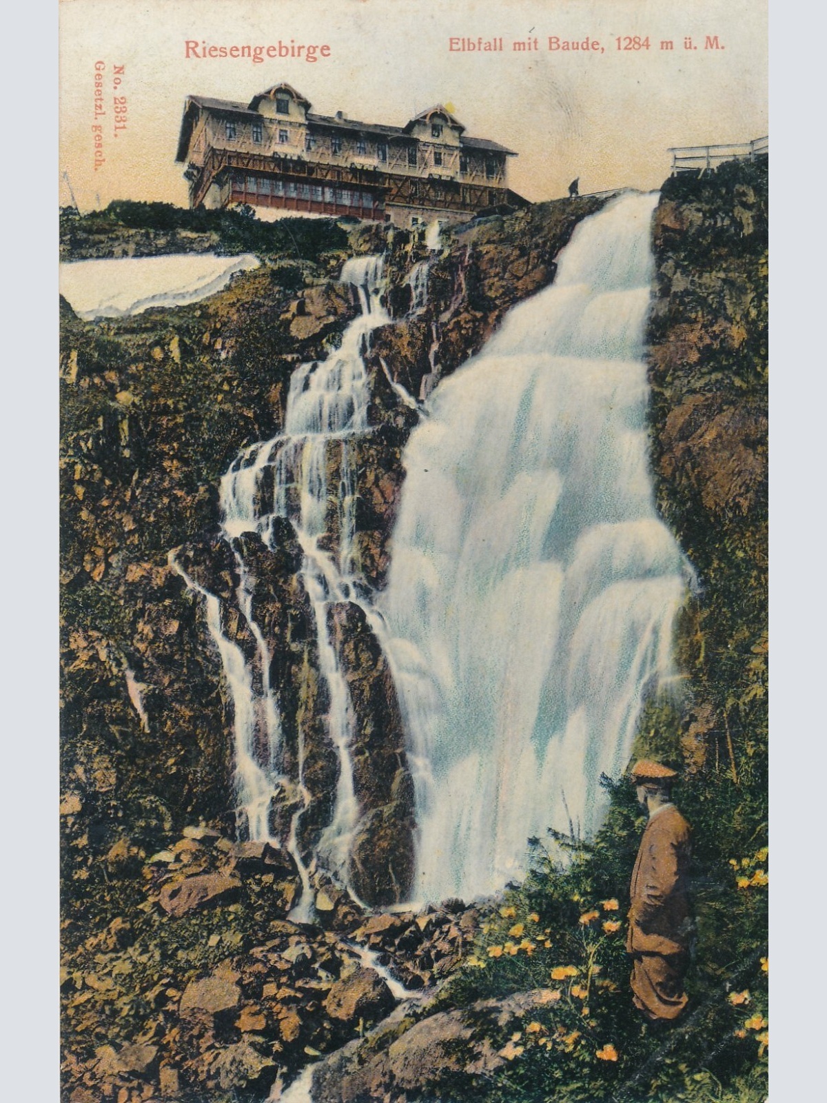 AK vom Riesengebirge Elbfall mit Baude Tschechoslowakei Ansichtskarte (14337)