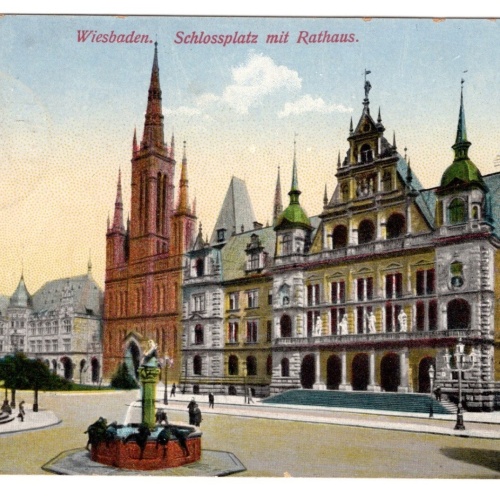 AK, Wiesbaden, Schlossplatz mit Rathaus, Hessen, Ansichtskarte (S7404)