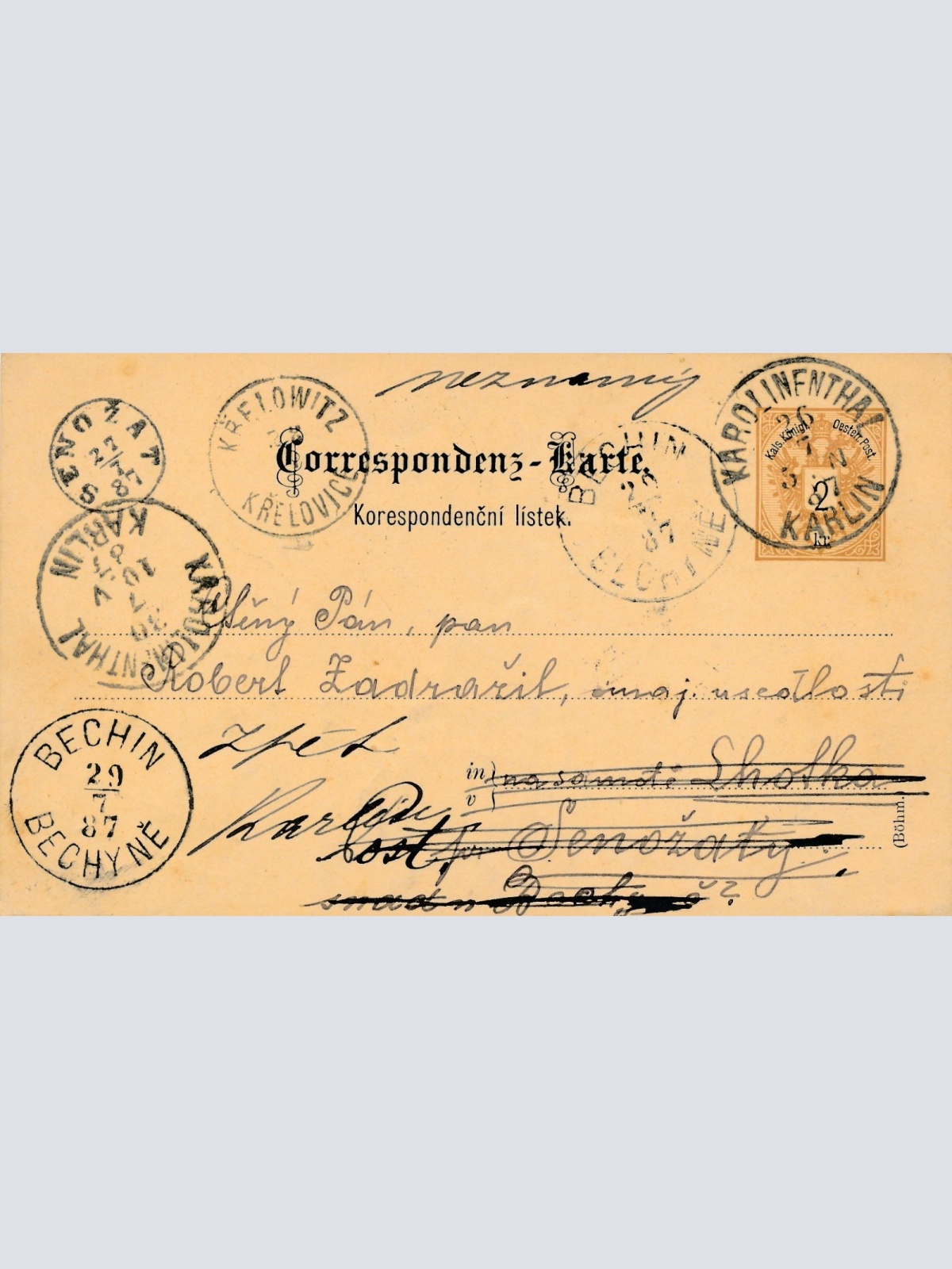 2 Kreuzer Ganzsachen - Karte aus Karolinenthal (14915)