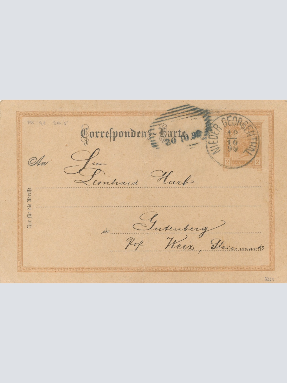 2 Kreuzer Ganzsachen - Karte aus Nieder Georgenthal (14917)