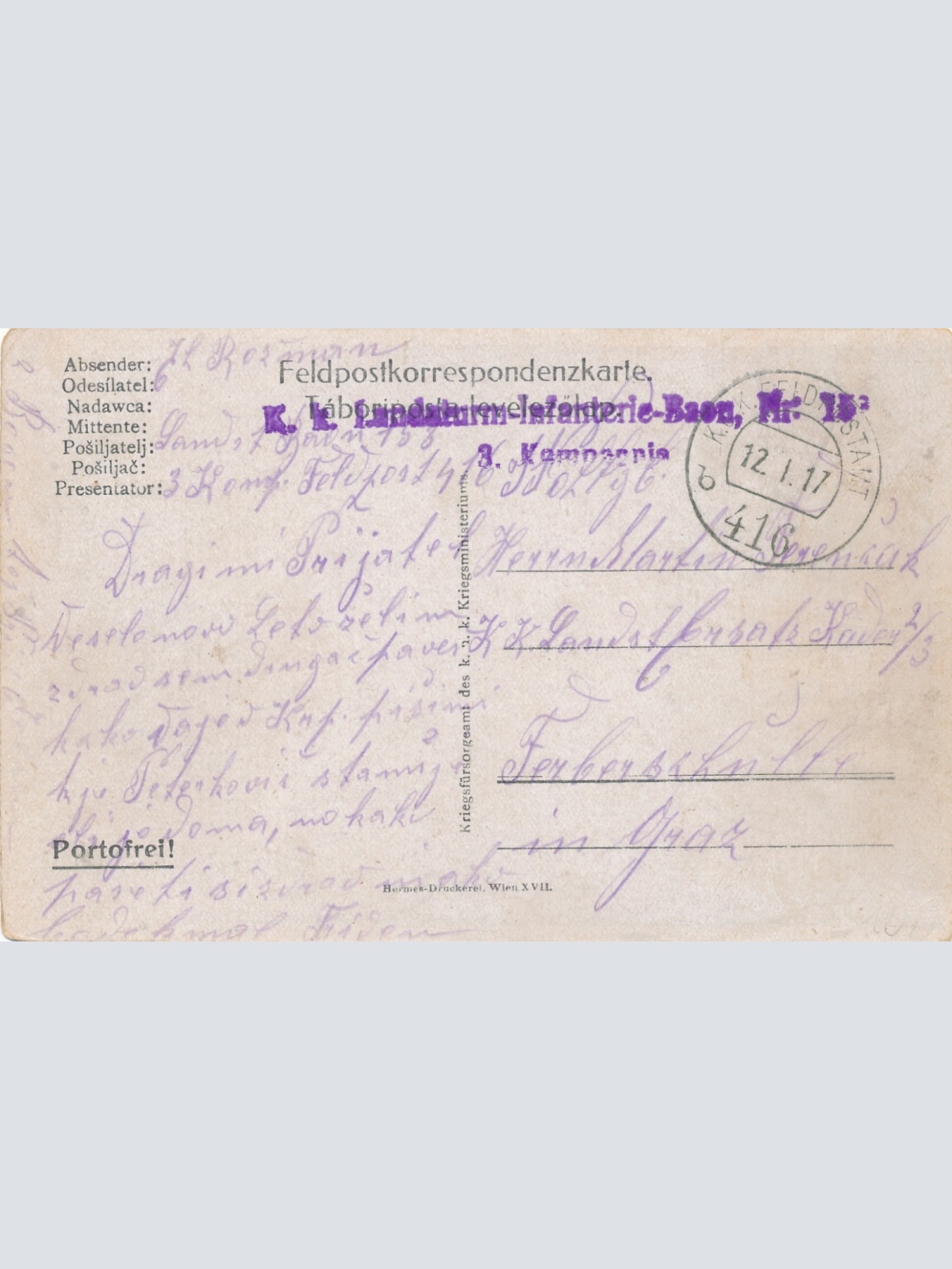 AK Feldpostkarte 416 K.K. Landsturm Infanterie Baon Nr. 15 (14912)