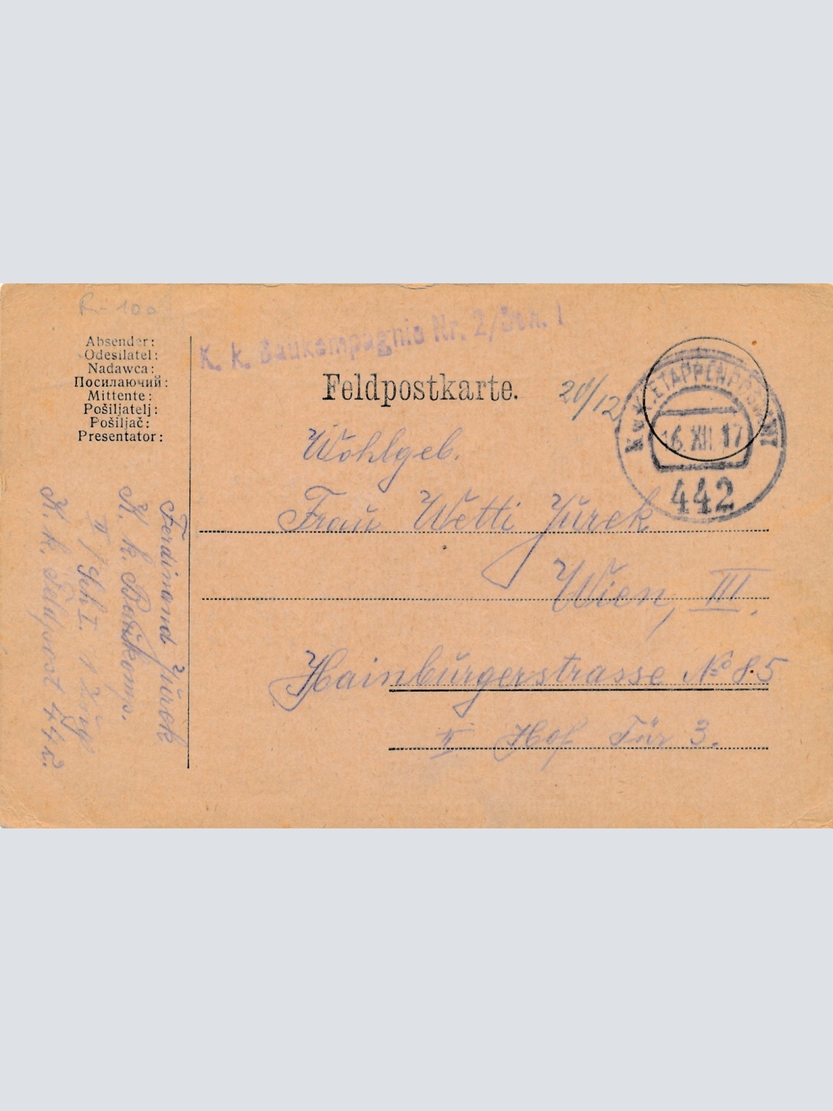 Feldpoststempel 234 K.u.K. Inf. Reg Nr. 14 2/XXV Marschkomp. Blaudruck (14939)