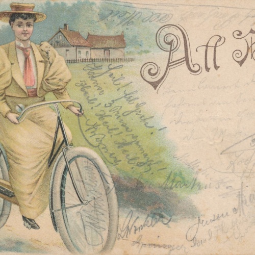 Litho - Karte von einer Radfahrerin All Heil Ansichtskarte (15744)