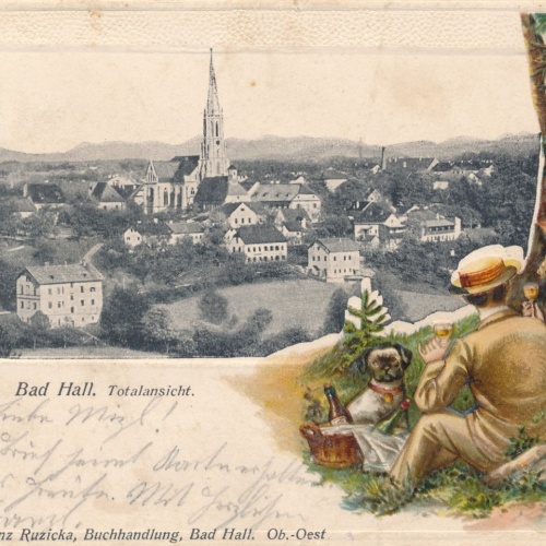 Präge - Karte aus Bad Hall mit Mann Frau und Hund Ansichtskarte (15525)