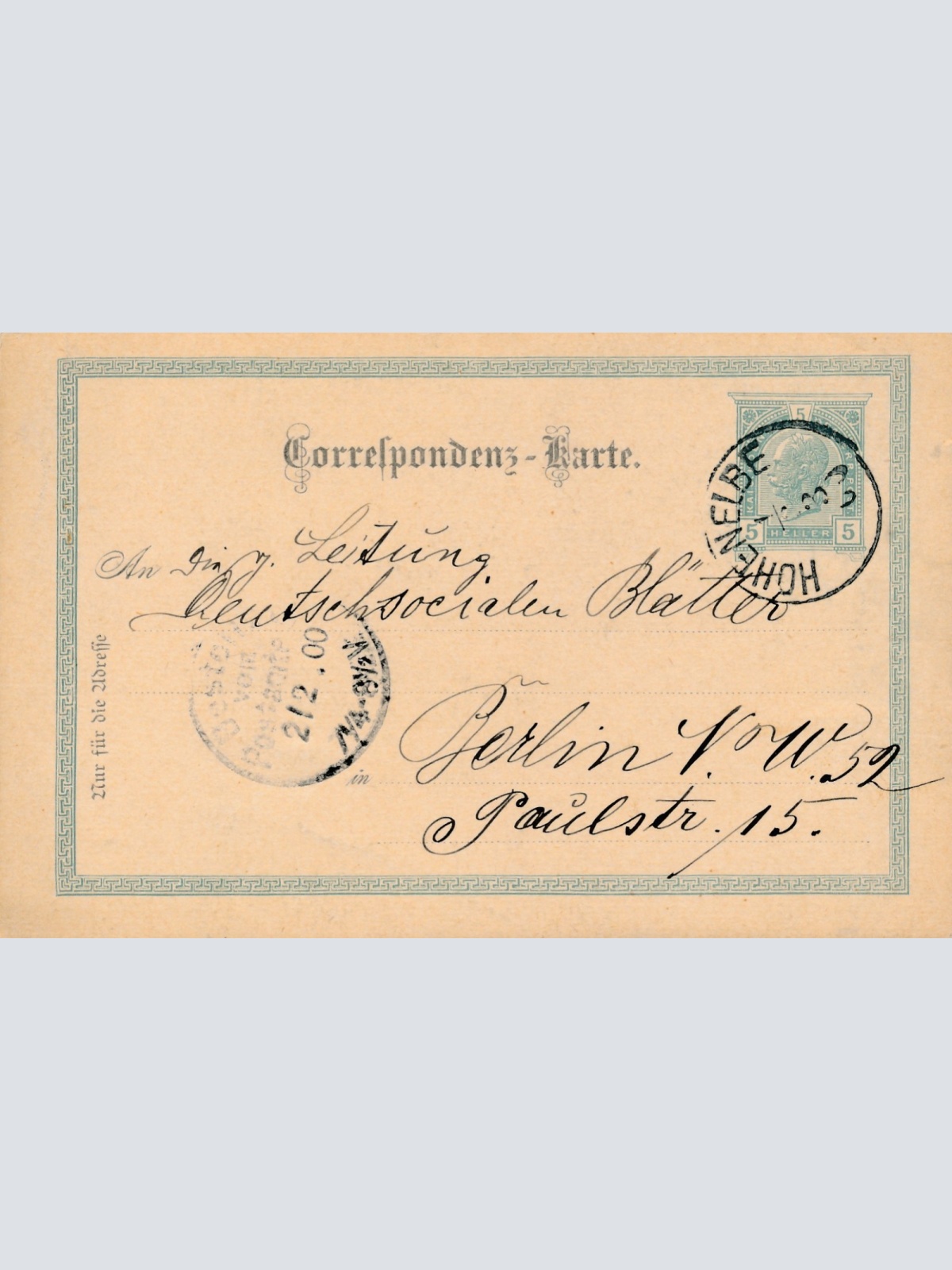 5 Heller Ganzsachen - Karte aus Hohenelbe (16204)