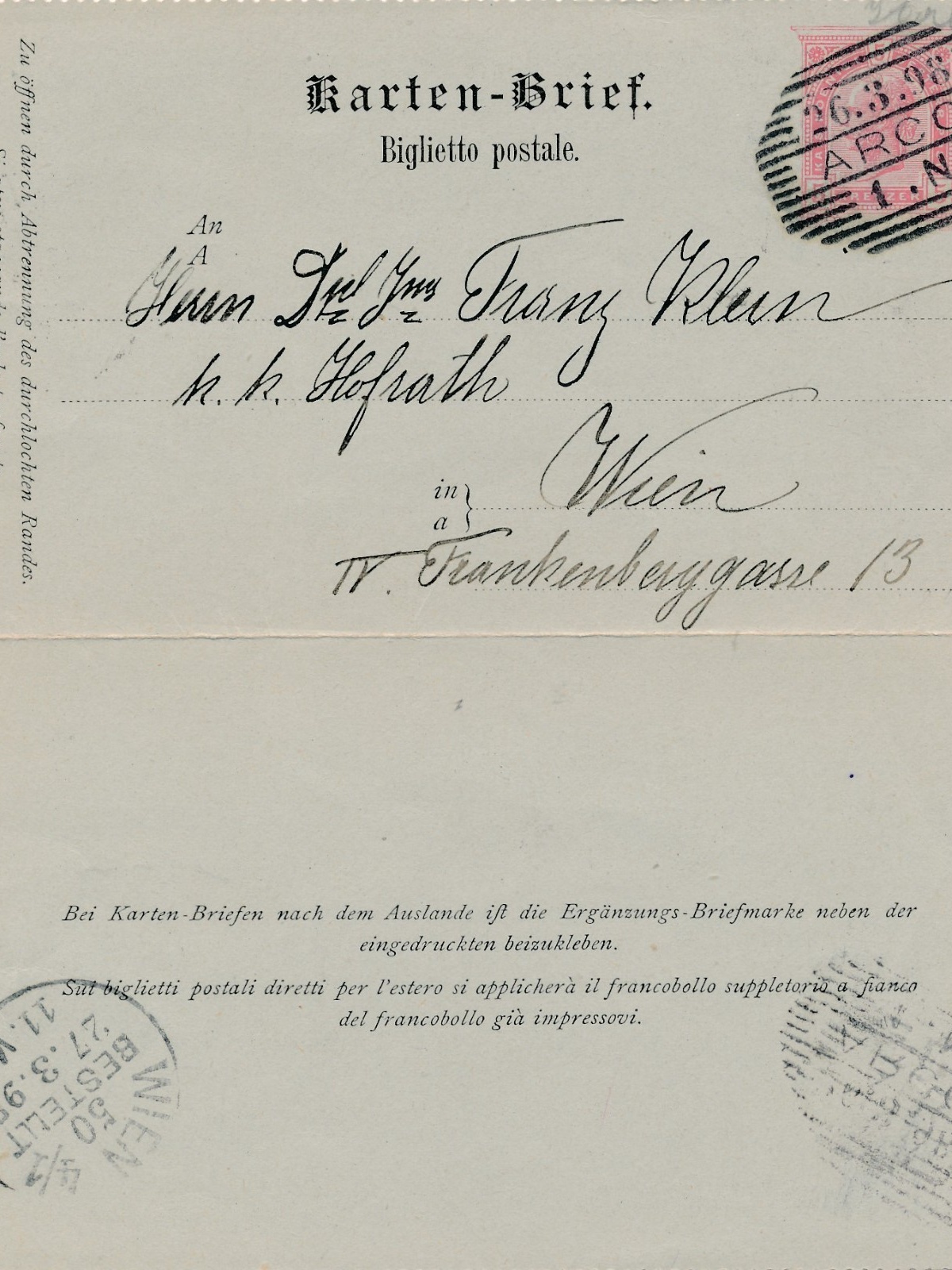 5 Kreuzer Ganzsachen - Kartenbrief - Karte aus Arco (16270)