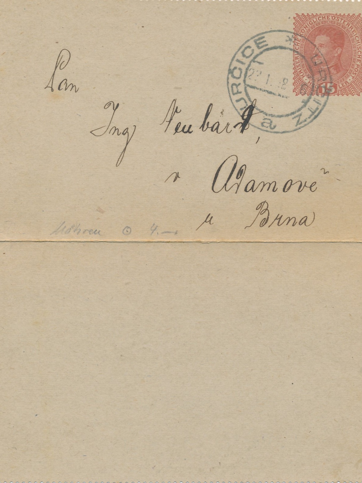 15 Heller Ganzsachen - Kartenbrief - Karte aus Urcice (16269)