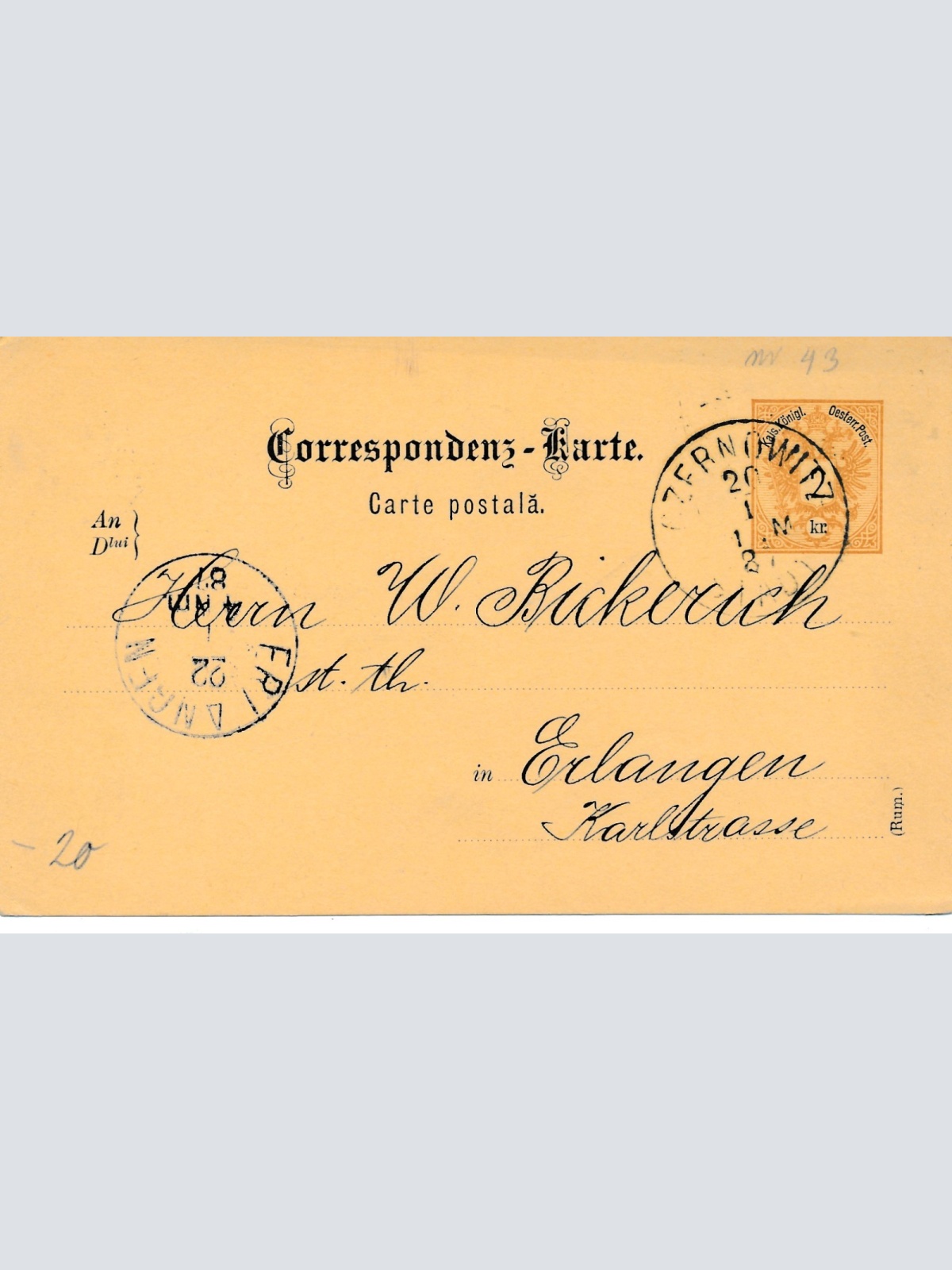 2 Kreuzer Ganzsachen - Karte aus Czernowitz (16280)