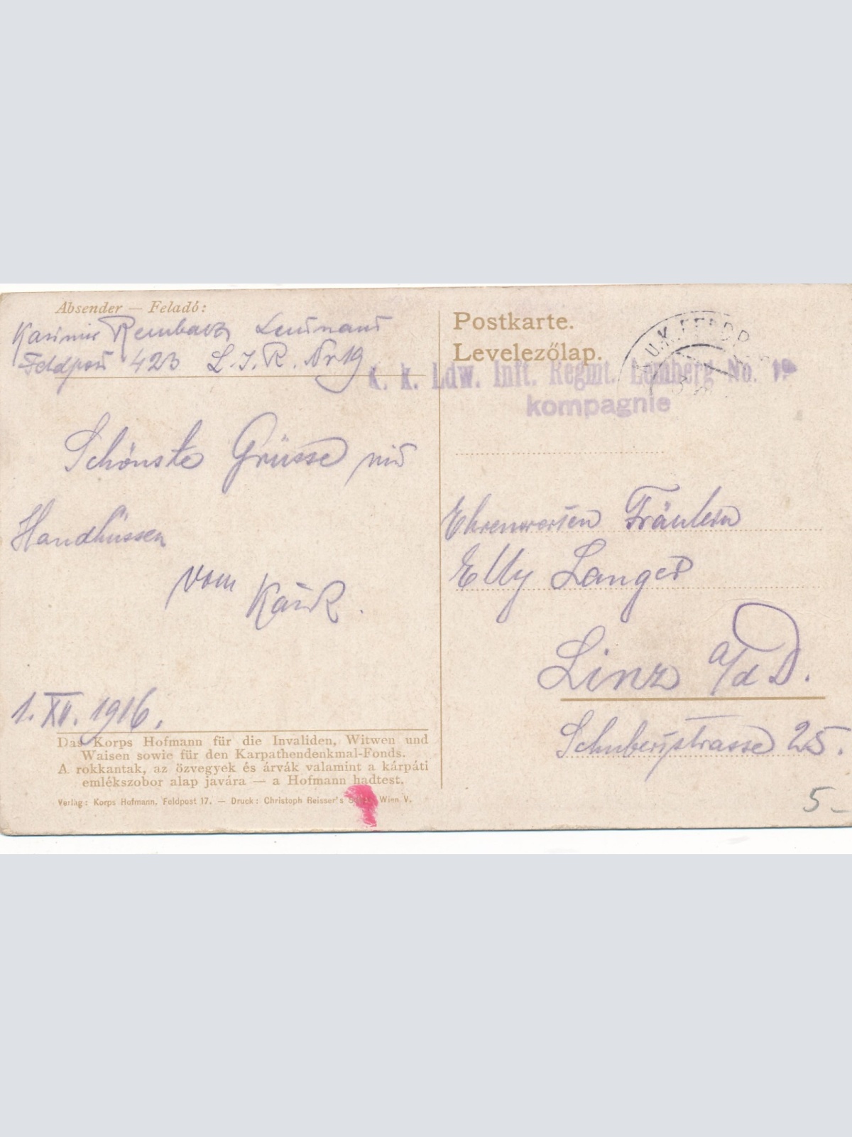 KuK Ldw Inft. Regmt Lemberg No 1 Kompagnie Ansichtskarte (16155)