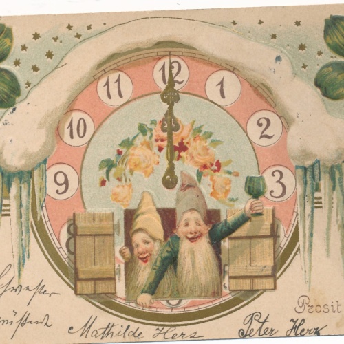Glückwunschkarte Prosit Neujahr Zwerge in der Uhr (15983)