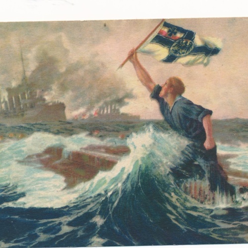 AK Militaria der letzte Mann Soldat mit Flagge Ansichtskarte (15974)