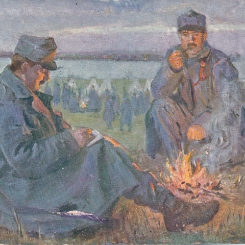 AK am Lagerfeuer mit zwei Soldaten Militaria Ansichtskarte (15432)