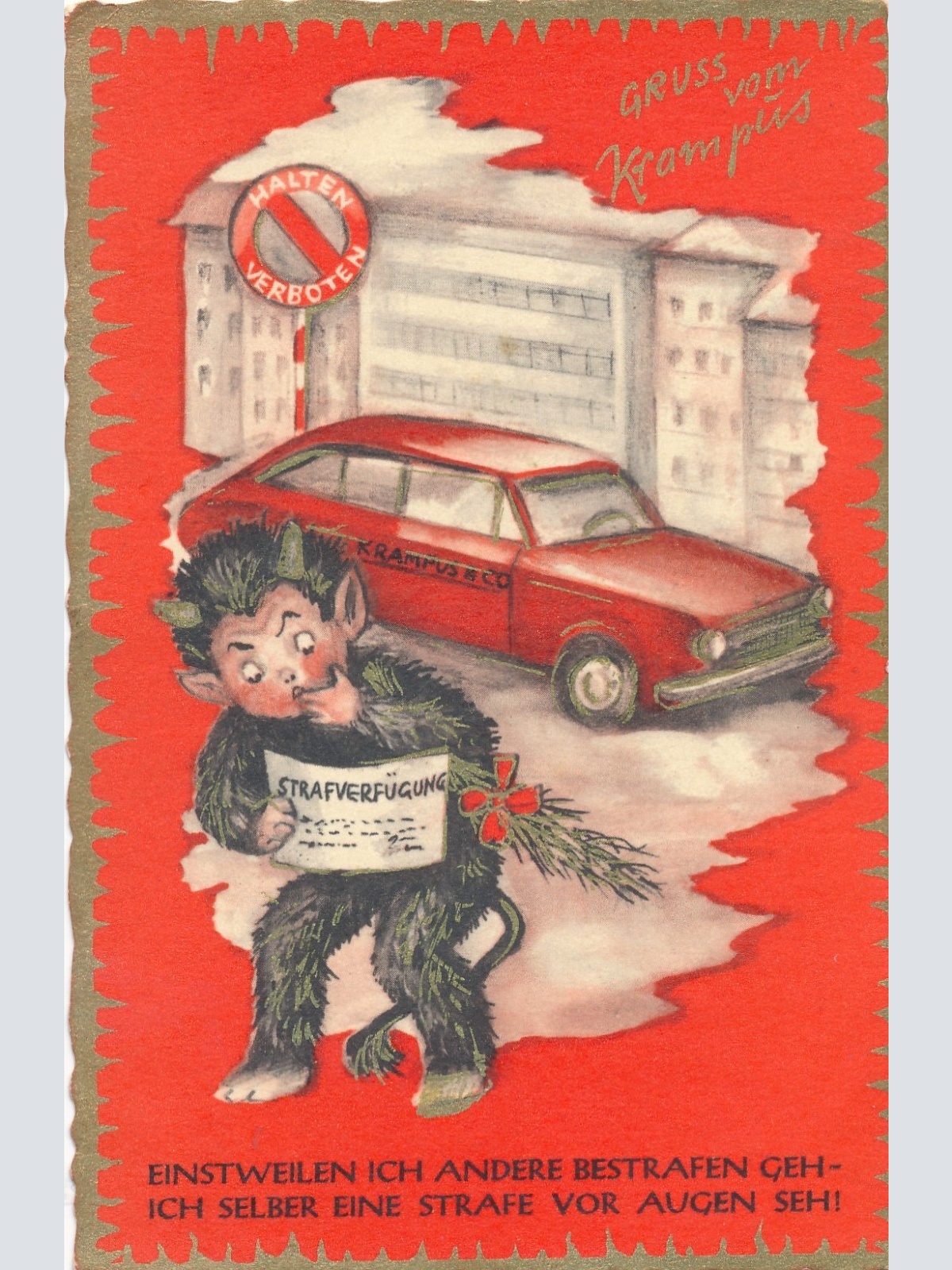 Glückwunschkarte Krampus mit Auto Ansichtskarte (15643)