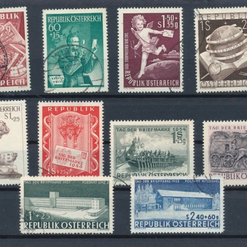 Steckkarte mit 10 Marken Tag der Briefmarken aus 1949 - 58 gestempelt (16448)
