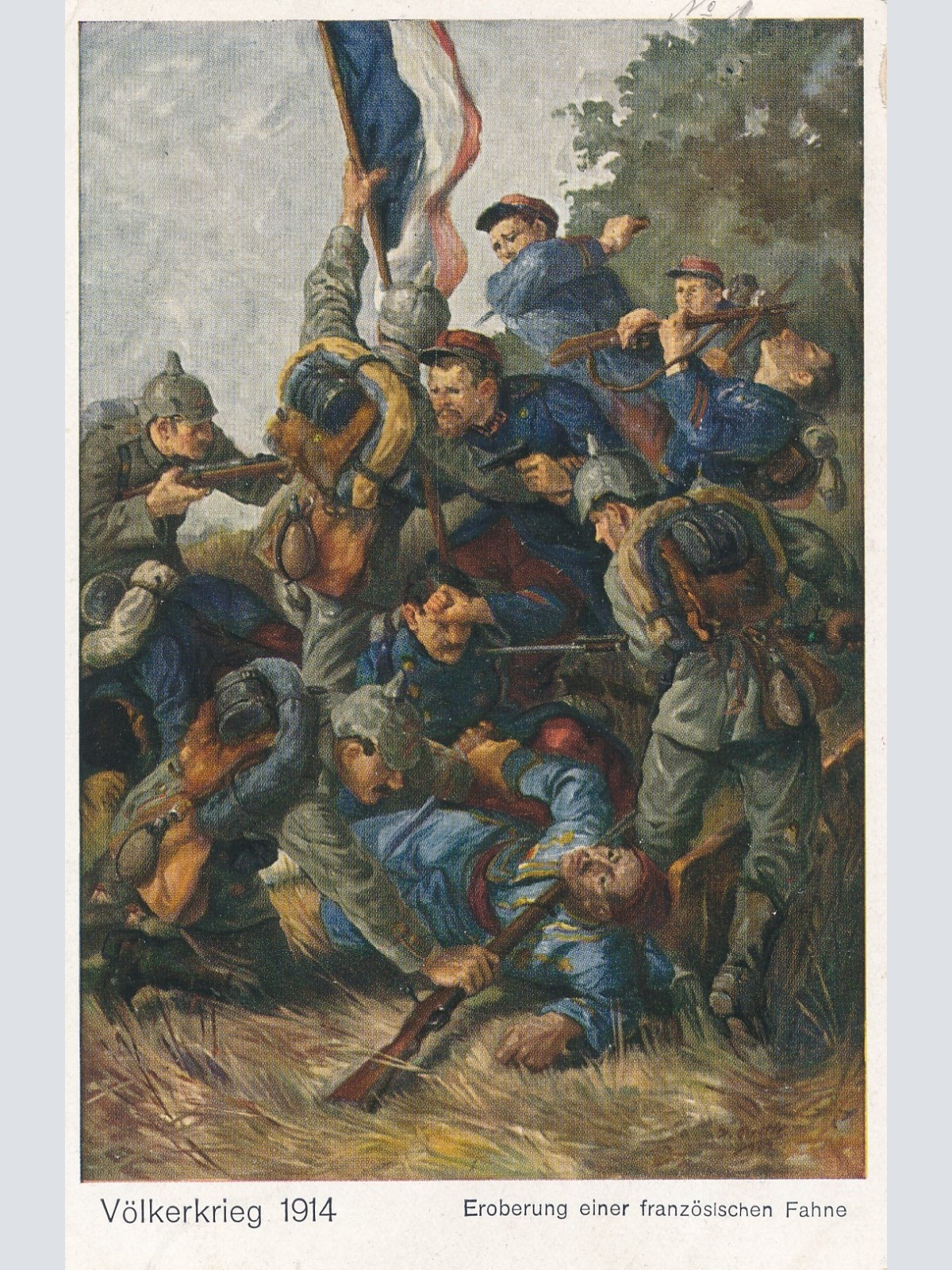 AK Militaria Völkerkrieg 1914 Eroberung einer Franz. Fahne Ansichtskarte (16490)