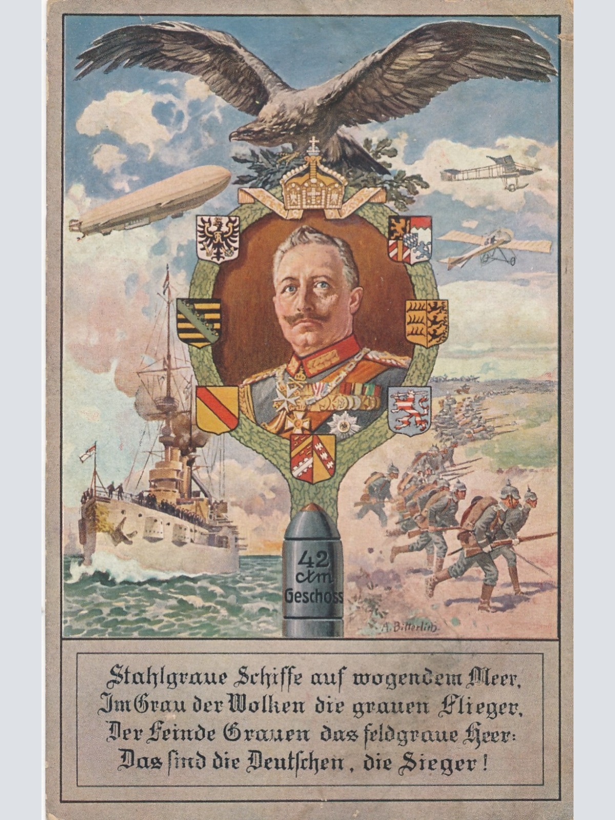AK Militaria Kaiser Wilhelm mit Zeppelin und Adler Ansichtskarte (16754)