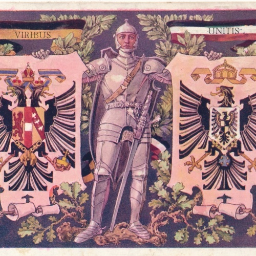 AK Militaria Viribus Unitis mit Ritter in Rüstung und Schwert (17001)