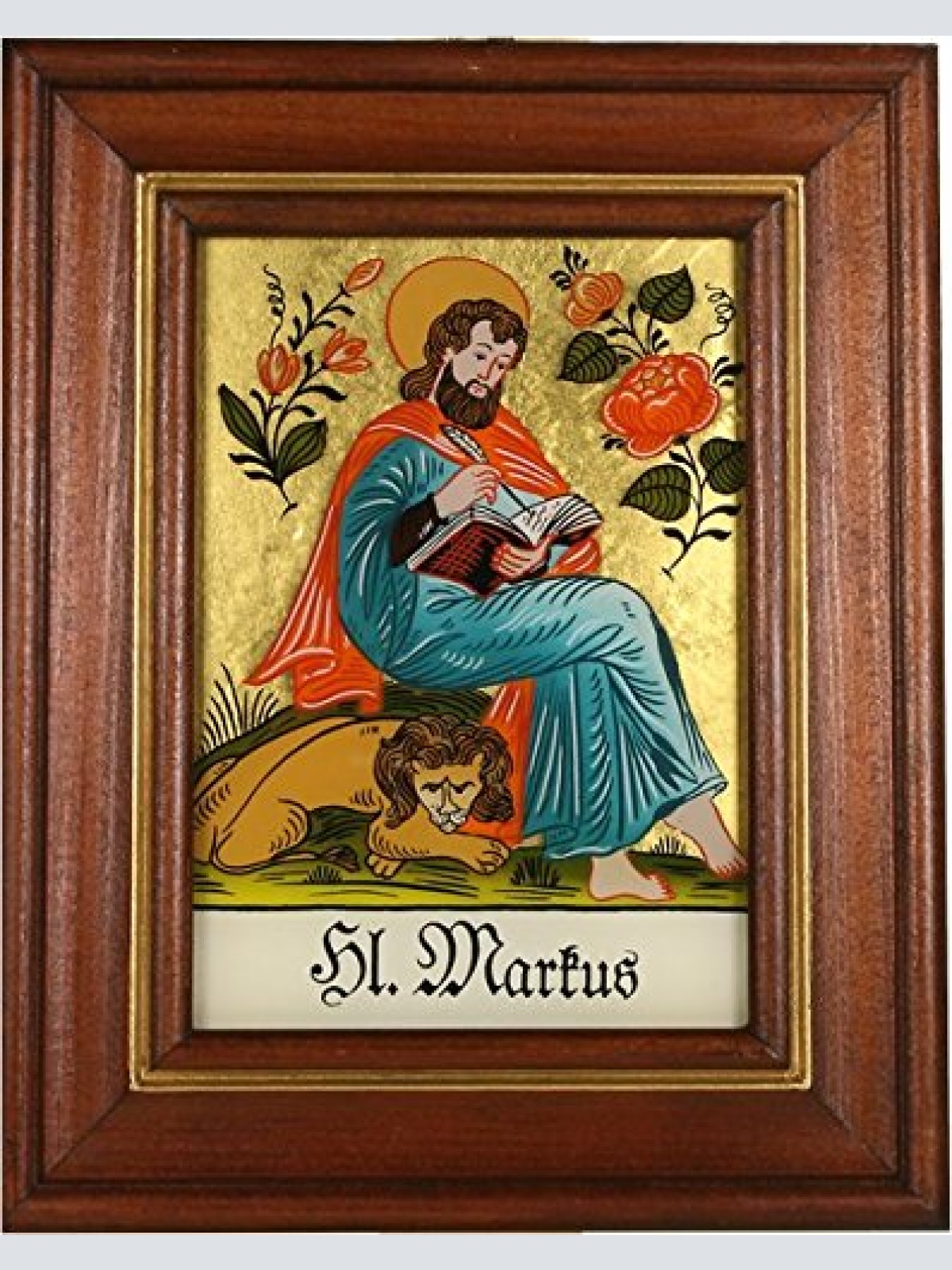 Hinterglaswerkstätten - Hinterglasbild/Patronatsbild Hl. Markus mit braun
