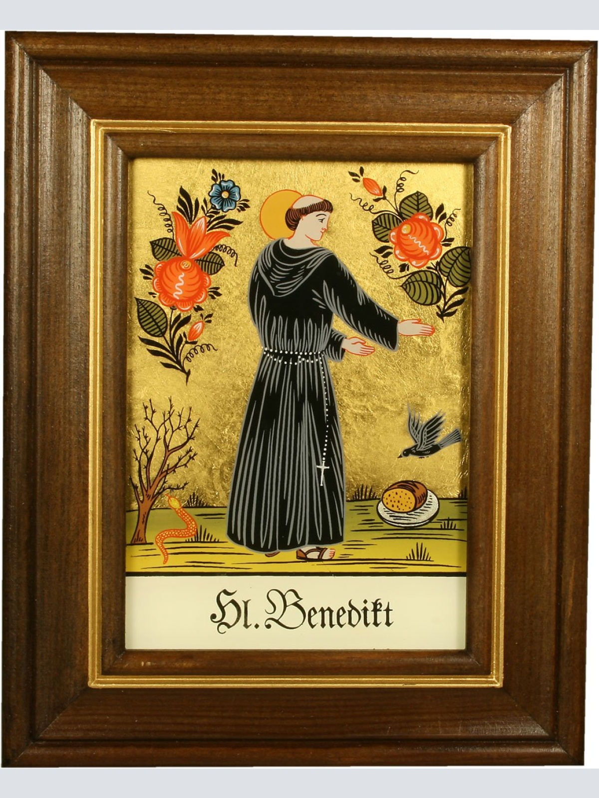 Hinterglaswerkstätten - Hinterglasbild/Patronatsbild Hl. Benedikt mit braun