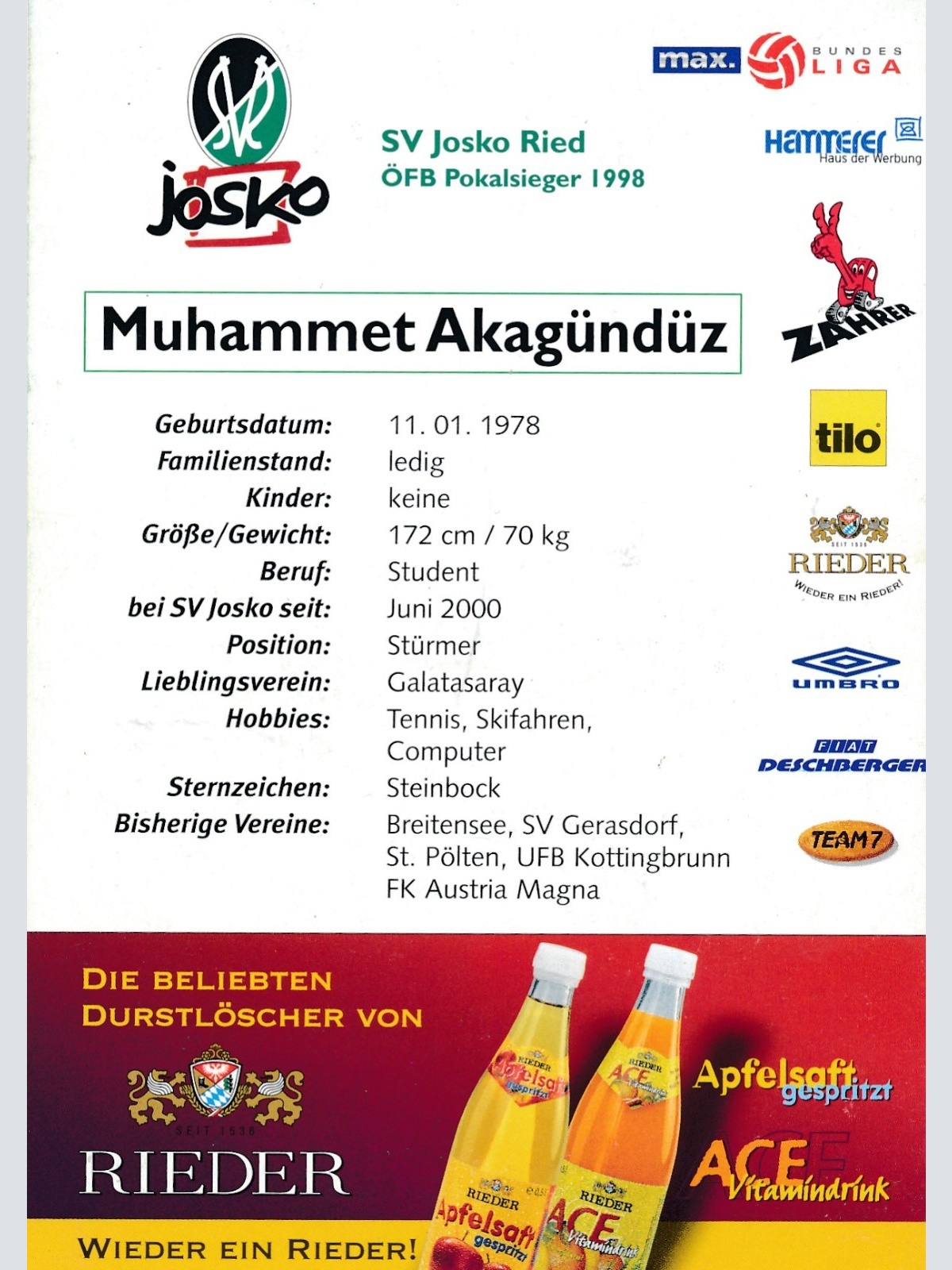 AK Autogrammkarte von Muhammet Akagündüz Ansichtskarte (17224)