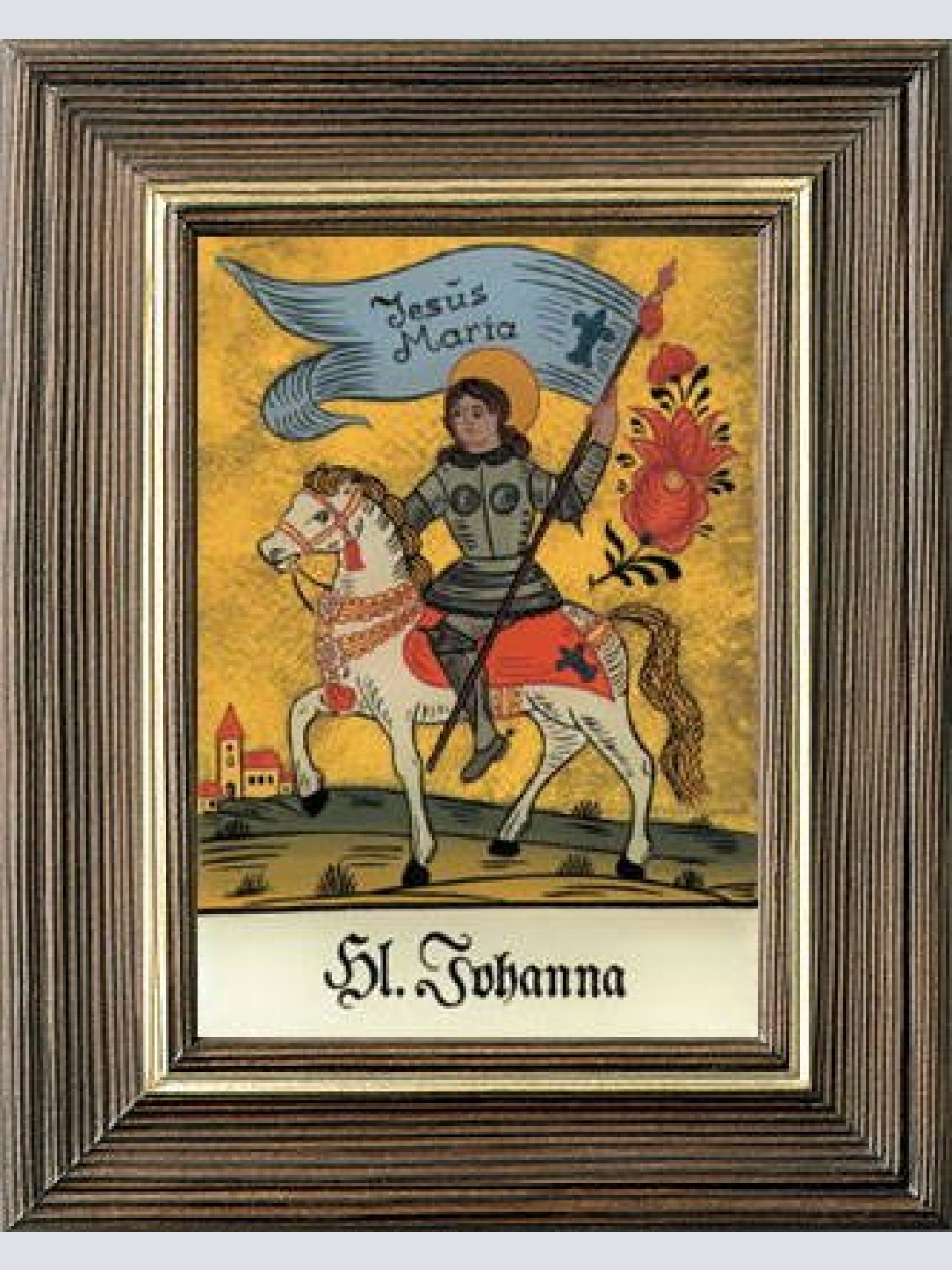 Hinterglasbild Hl. Johanna 24 Karat Blattgold-Hintergrund Holzrahmen, ca. 12,5