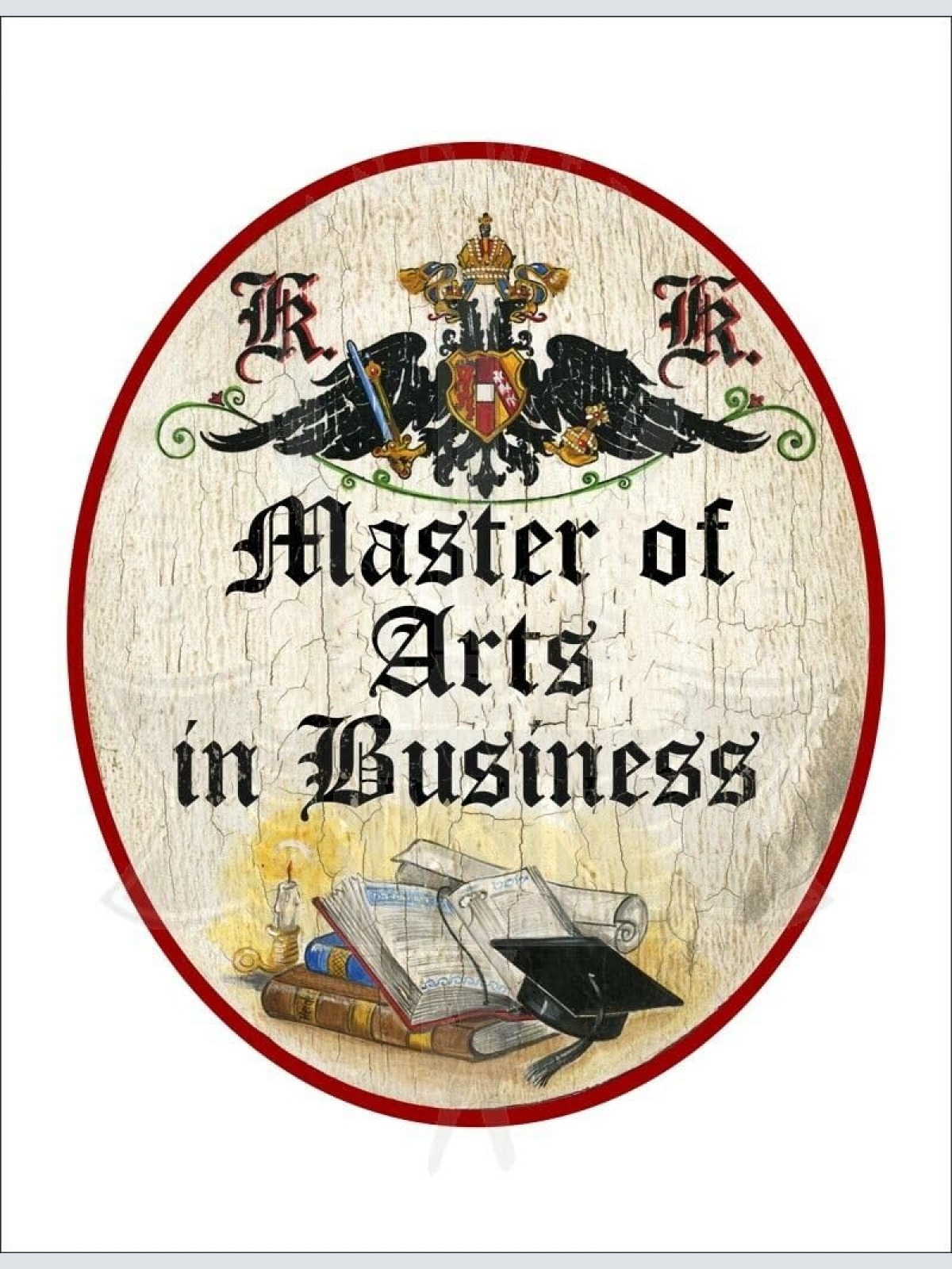 KuK Nostalgie Holzschild - Master of Arts in Business - Bücher Studentenhut TH