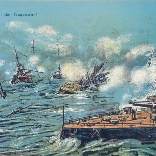 AK Seeschlacht in der Gegenwart Kriegsschiffe Ansichtskarte (18133)