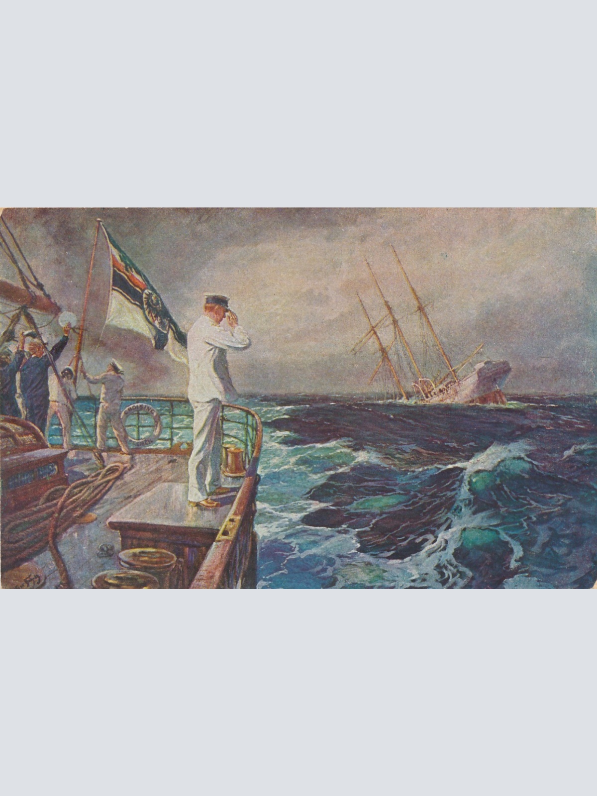 AK der letzte Gruß Soldat Salutiert untergehenden Schiff Ansichtskarte (18127)