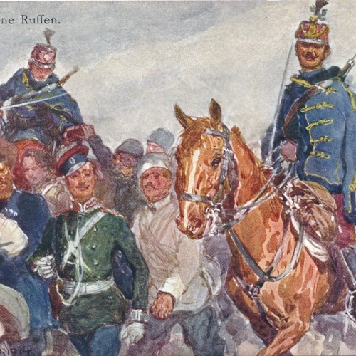 AK Militaria Husaren mit Kriegsgefangene Russen Ansichtskarte (18335)