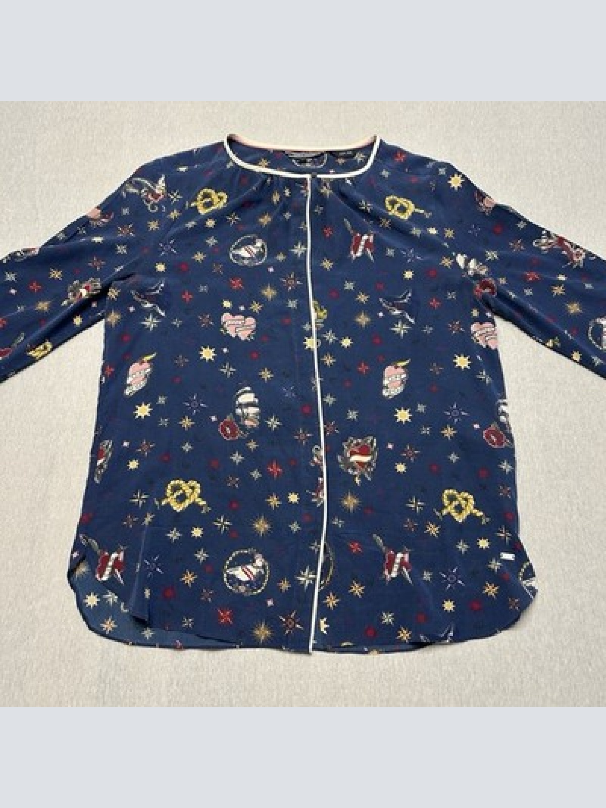 Tommy Hilfiger Luxus Seidenbluse Nautical Tattoo Print Navy Blau 100% Seide XS