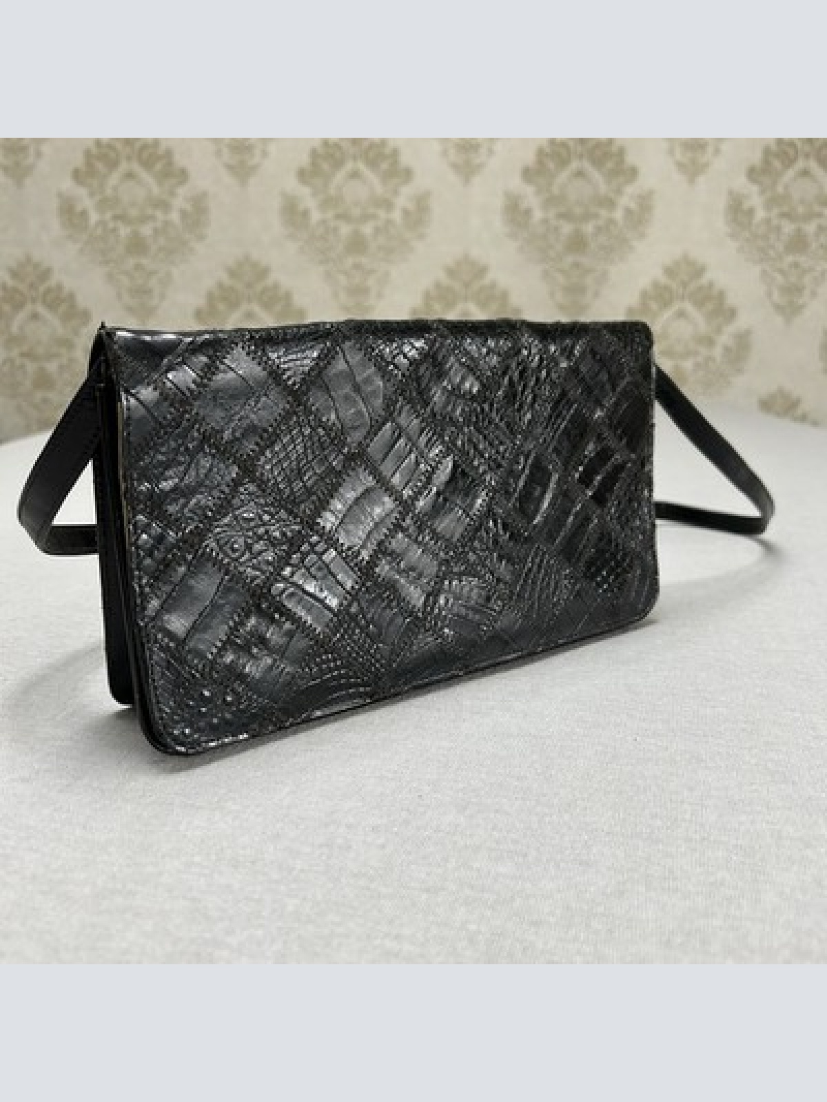 Edle Vintage-Handtasche aus echtem Exotenleder Krokodil / Alligatorleder Schwarz