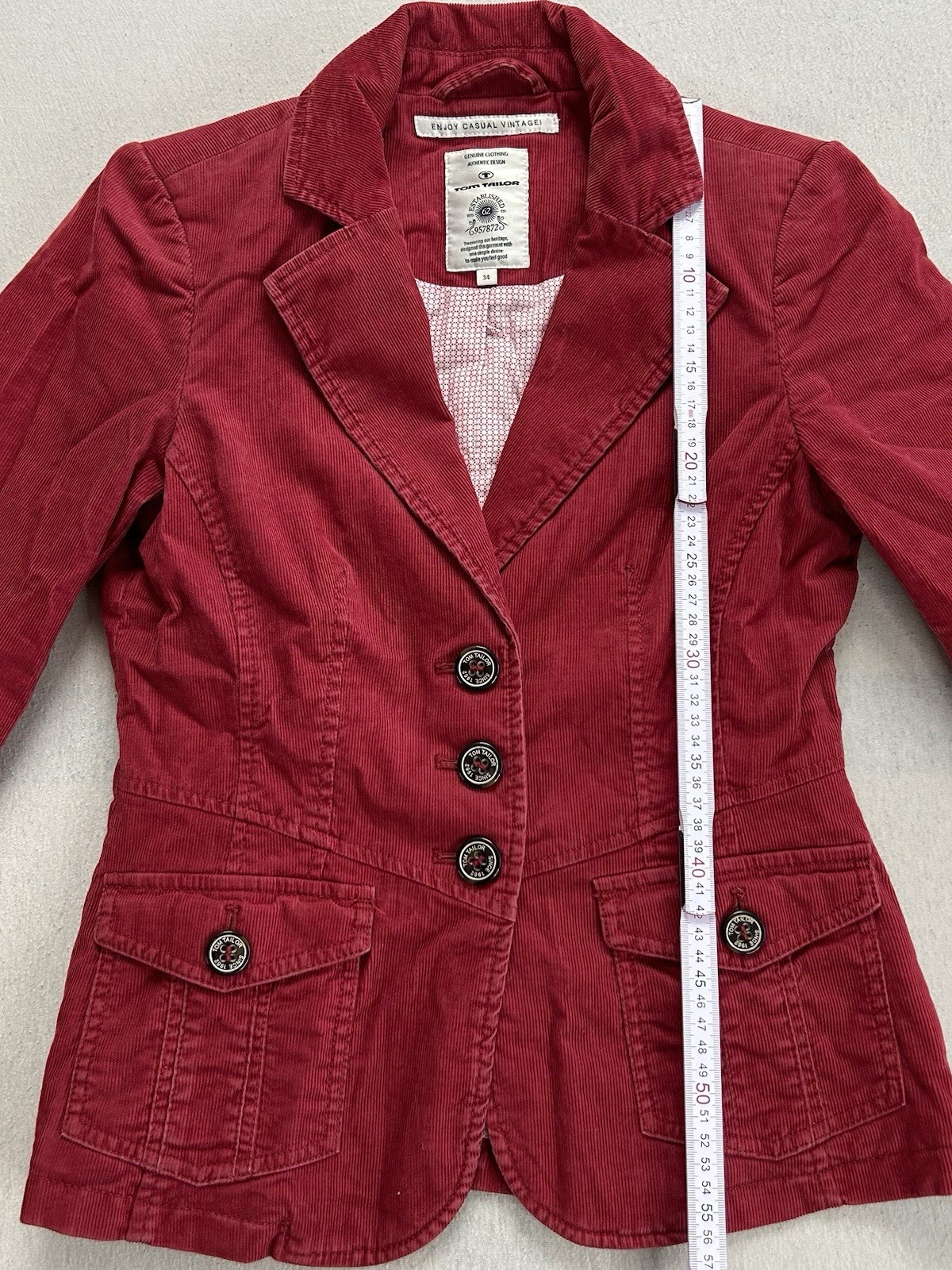 Tom Tailor Damen Blazer Größe 34 Casual Vintage Rot Knöpfe Maße auf den Fotos